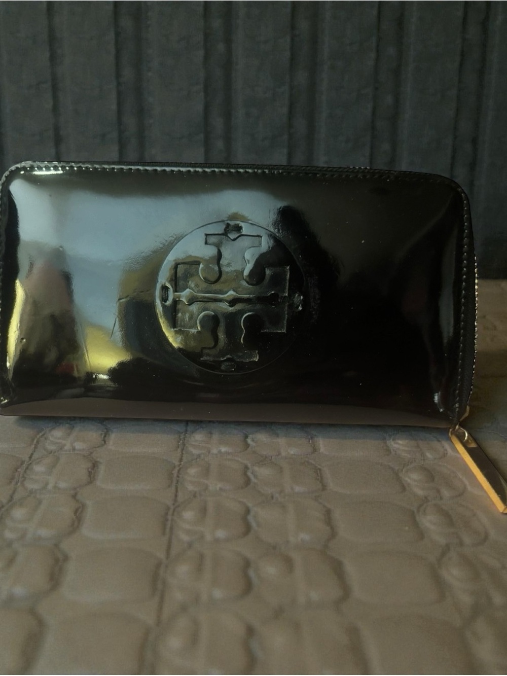 Tory Burch Black Patent Zip Around Wallet Gold Logo